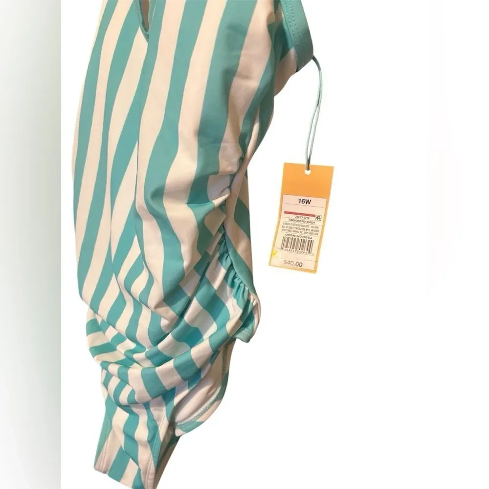 NWT Kona Sol Aqua and White Striped One Piece Swimsuit